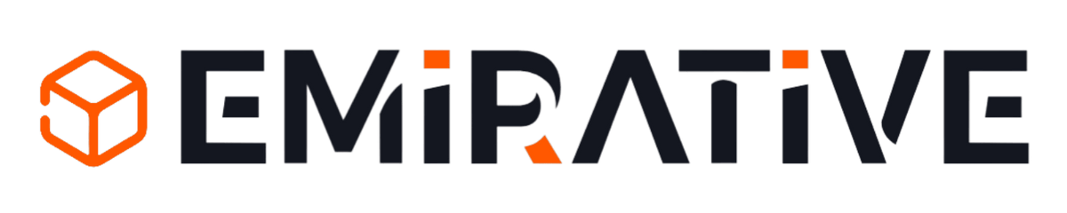 Emirative logo with a geometric design element on a green background